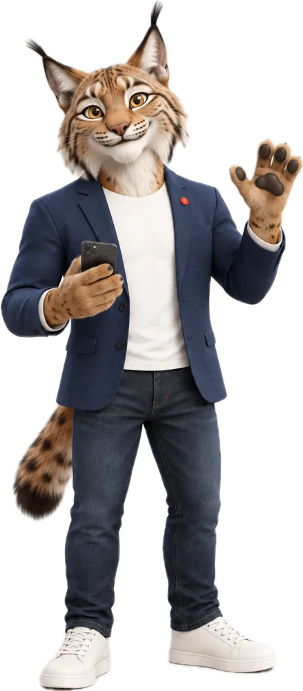 The Lynxsy lynx in a navy blazer, phone in hand, waving