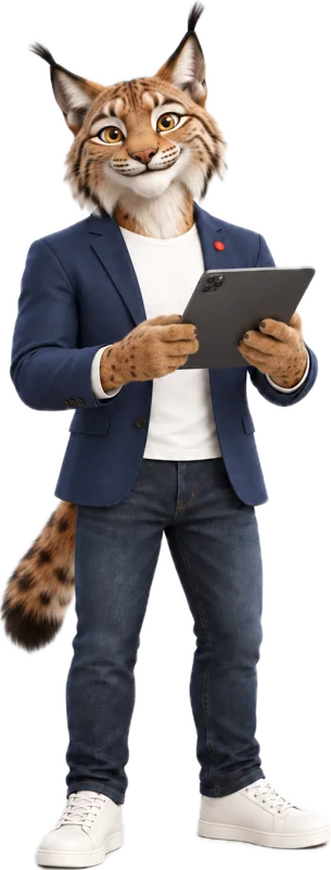 The Lynxsy lynx in a navy blazer, smiling with a tablet in his hands