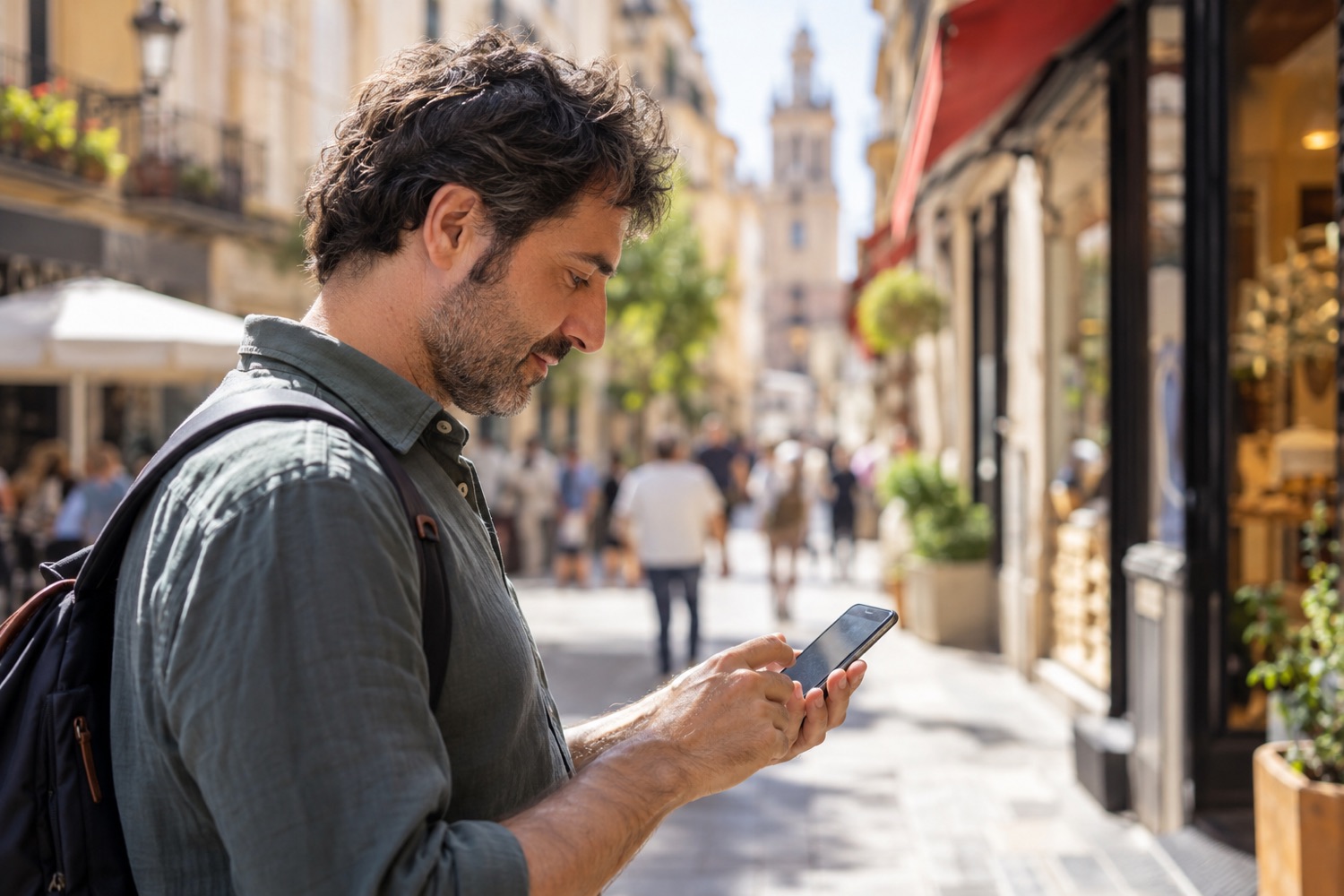 Man on the street looking for a nearby business on his phone