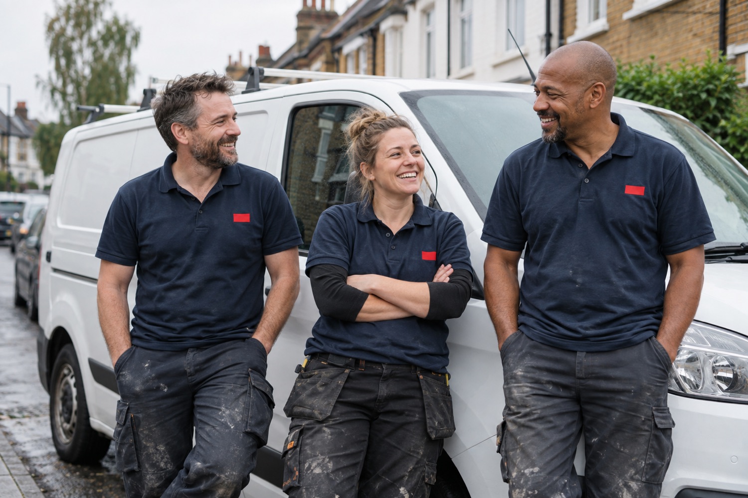 Renovation company team in matching work polos by their van