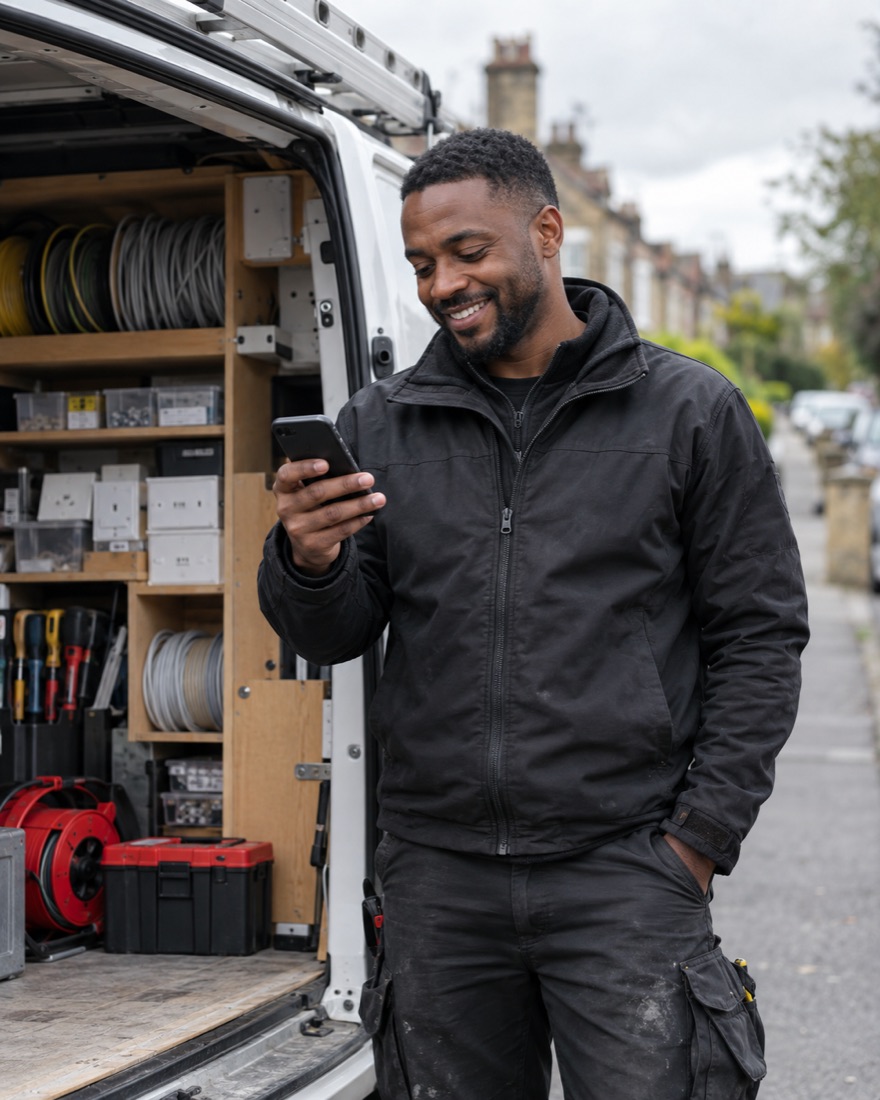 Installer checking his phone by his van