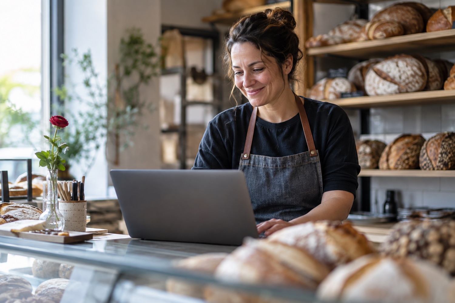 Bakery owner checking online orders on her laptop