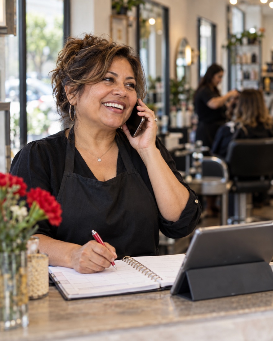 Hair salon owner taking a booking on the phone (illustrative image)