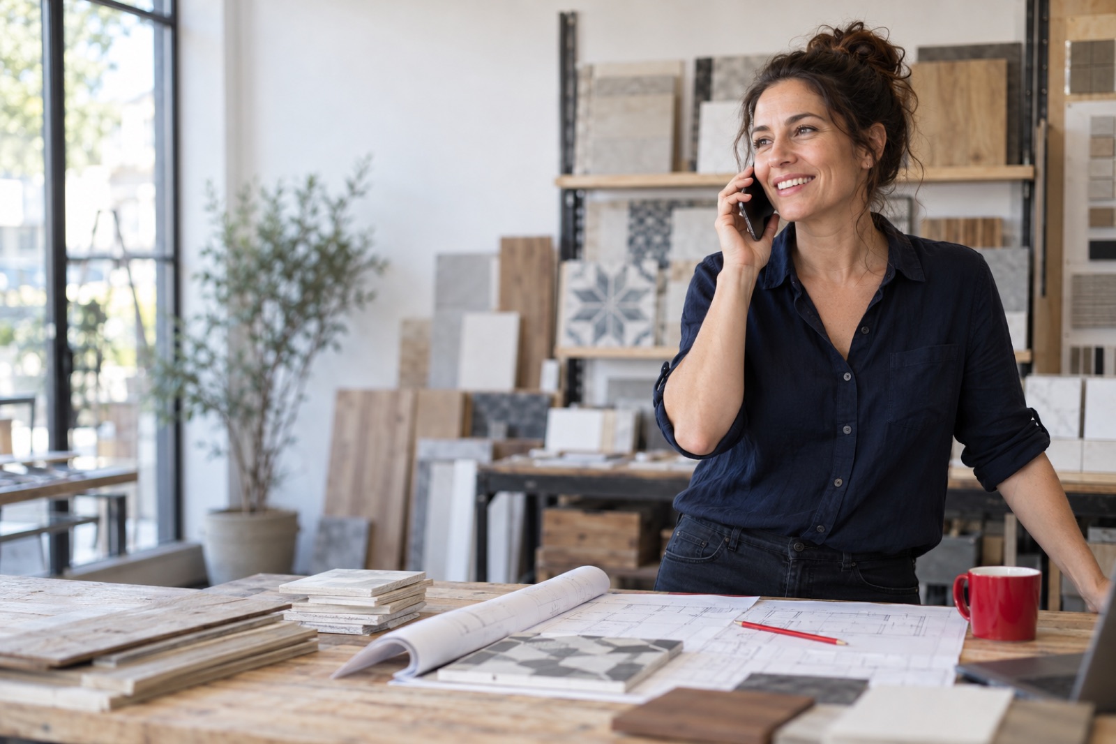 Owner of a renovation company taking a call in her workshop