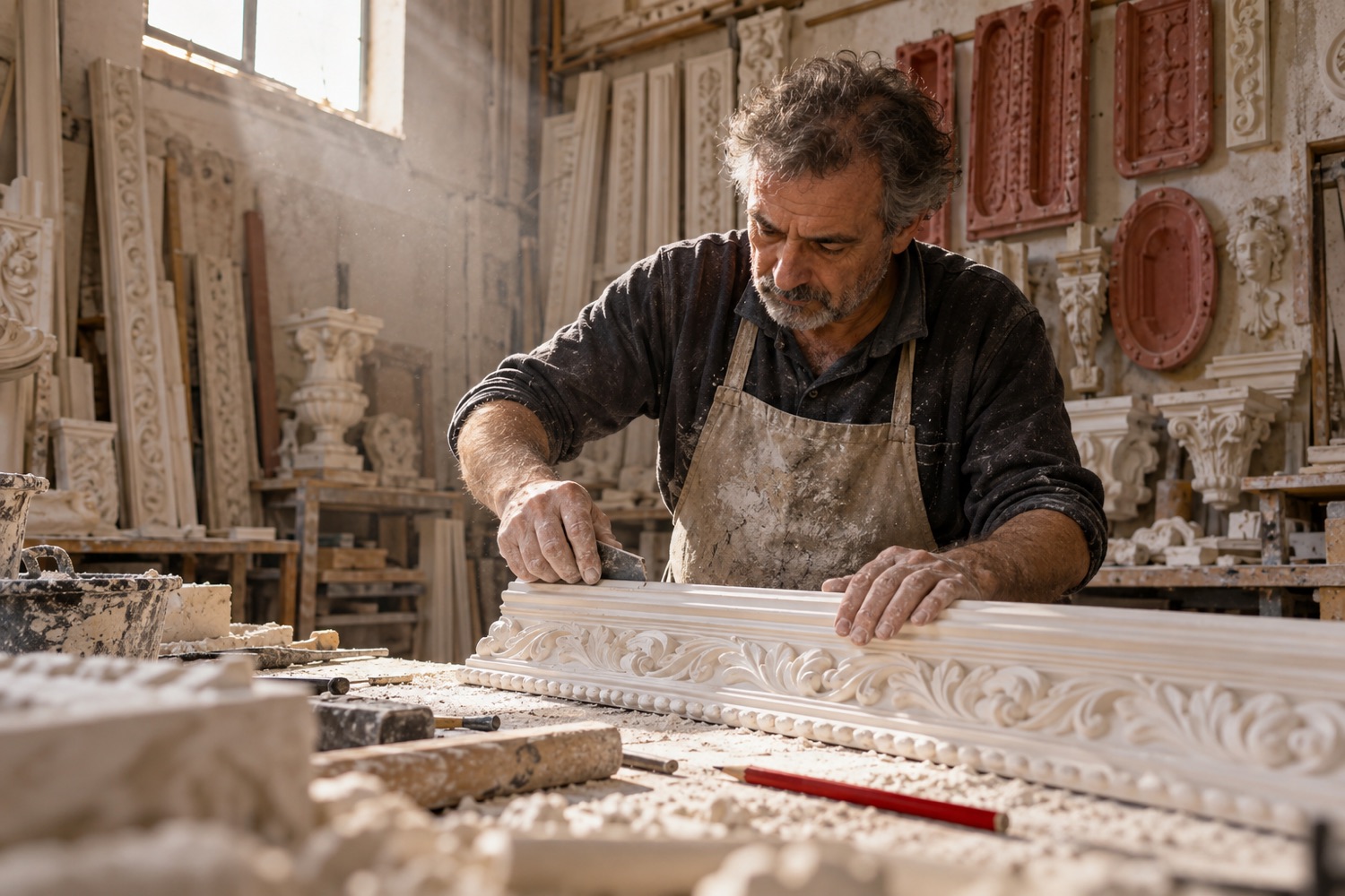 Craftsman finishing a plaster moulding in his workshop (illustrative image)