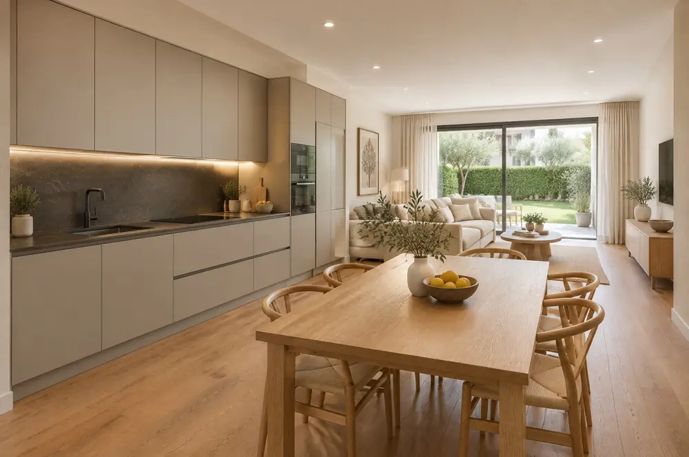 Render of an open kitchen with a dining table