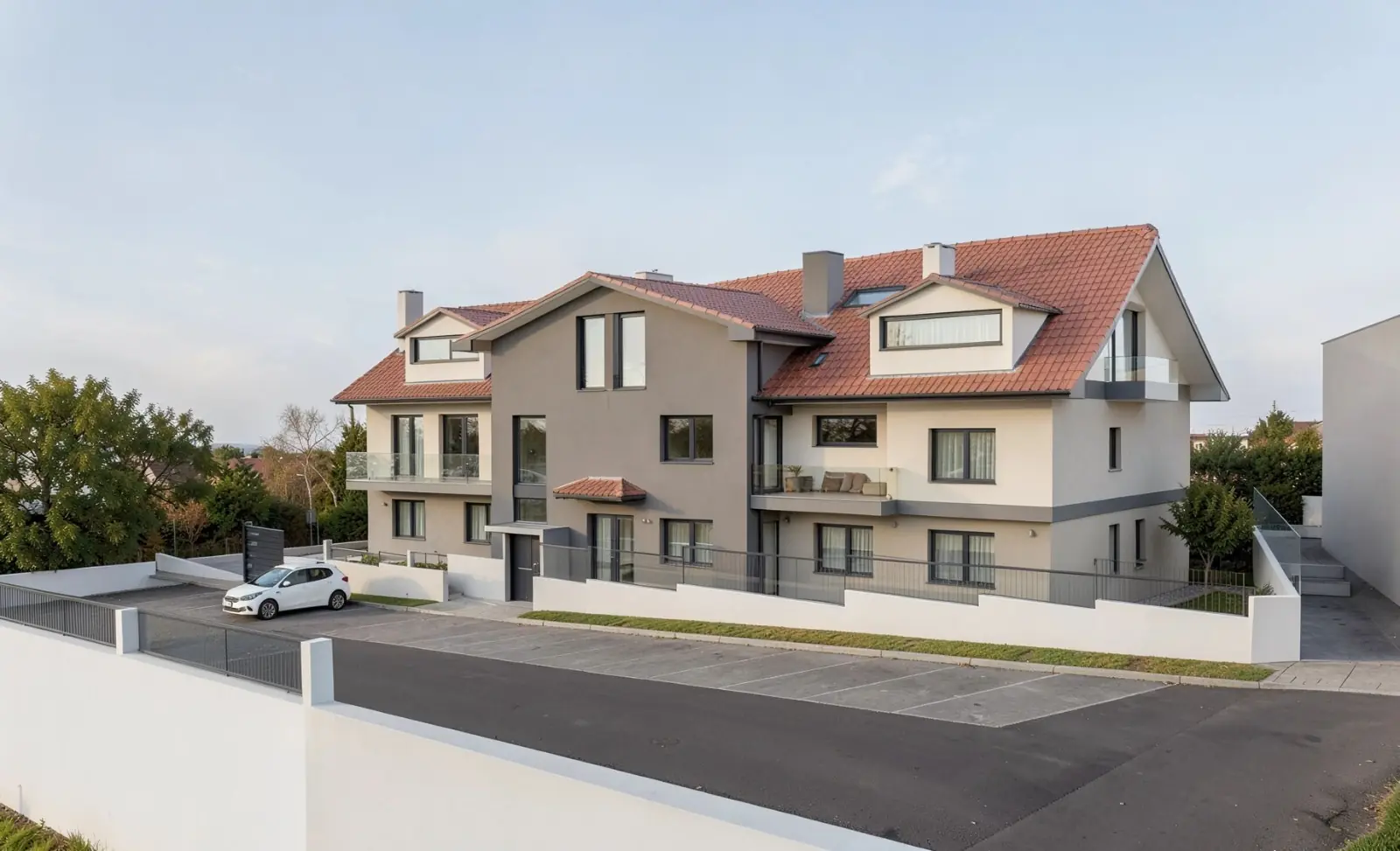 Render of the main facade of the six-home building