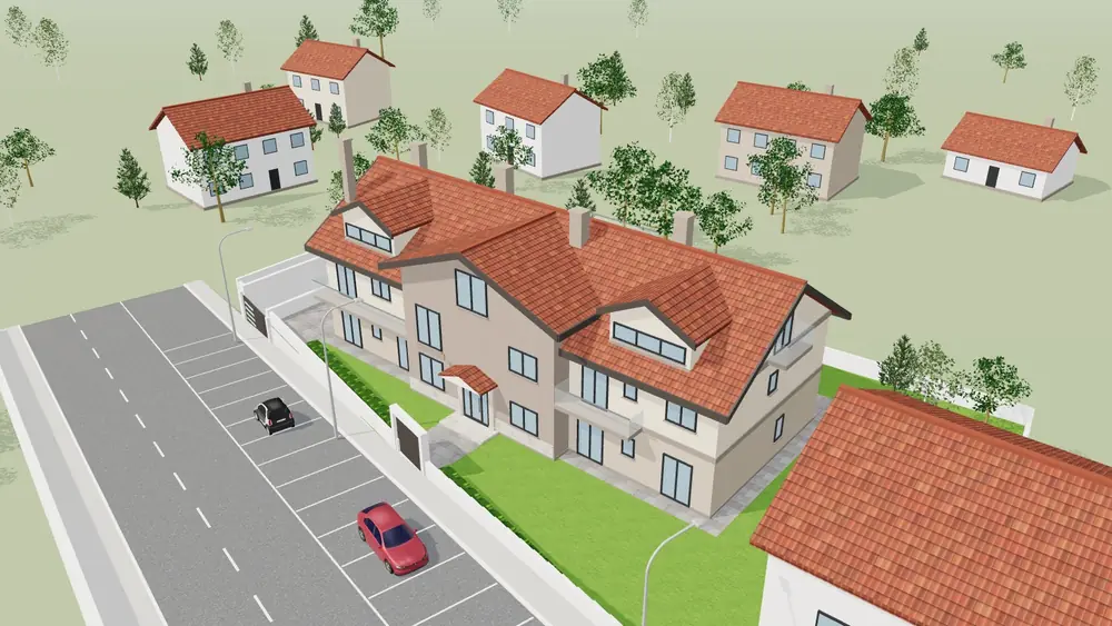 Aerial view of the 3D model of the building and its street