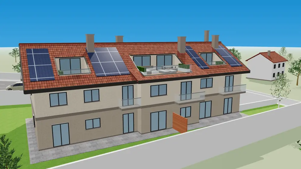 3D model of the garden facade, with solar panels on the roof