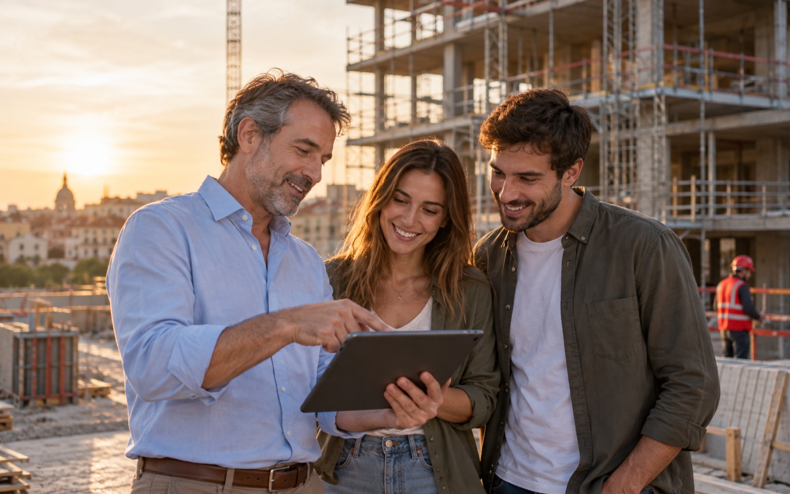 Developer showing a couple the 3D model of their future home on site (illustrative image)